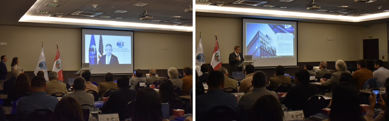 Primera foto: Momentos durante el saludo protocolar del Sr. Erik Moncayo, presidente internacional de WBO, desde la sede principal de World BASC Organization en Miami, Fl.  Segunda foto: Instalación del Encuentro por parte del Sr. César Venegas, director ejecutivo del capitulo BASC Perú.