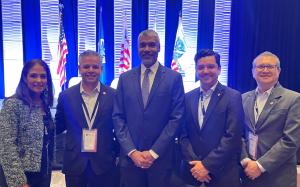 Members of the BASC delegation who accompanied their representatives, from left to right: Suzanne Lemaitre - Director of Administration/Communications for WBO, Erik Moncayo - International President and Acting Executive Director for WBO, Ian Saunders - Under Secretary of the U.S. Department of Commerce and U.S. candidate for Secretary General of the World Customs Organization (WCO), Oscar Sánchez - President of the Board of Directors for WBO, and Luis Renella - Operations Director for WBO.